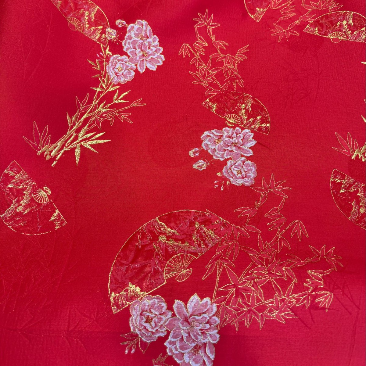 织金竹扇国风提花仿宋锦面料 喜庆红金拜年服马面裙女装童装