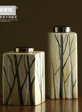 美式客厅手绘陶瓷罐摆件 办公室书房样板间装饰摆件 正方直身盖罐