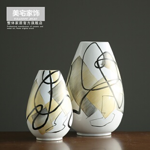 收口椭圆形陶瓷大花瓶 北欧客厅插花干花花器样板房手绘瓷瓶摆件