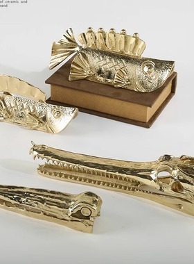 北欧现代纯铜金属鱼摆件工艺品折片鱼鳄鱼头样板房书房桌面装饰