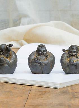 国风新中式仿铸铁福禄寿三星桌面小摆件纯手工工艺品茶台书桌摆设