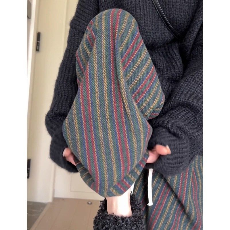 慵懒风竖条纹阔腿裤女2025秋冬新款高腰休闲直筒宽松加绒加厚裤子