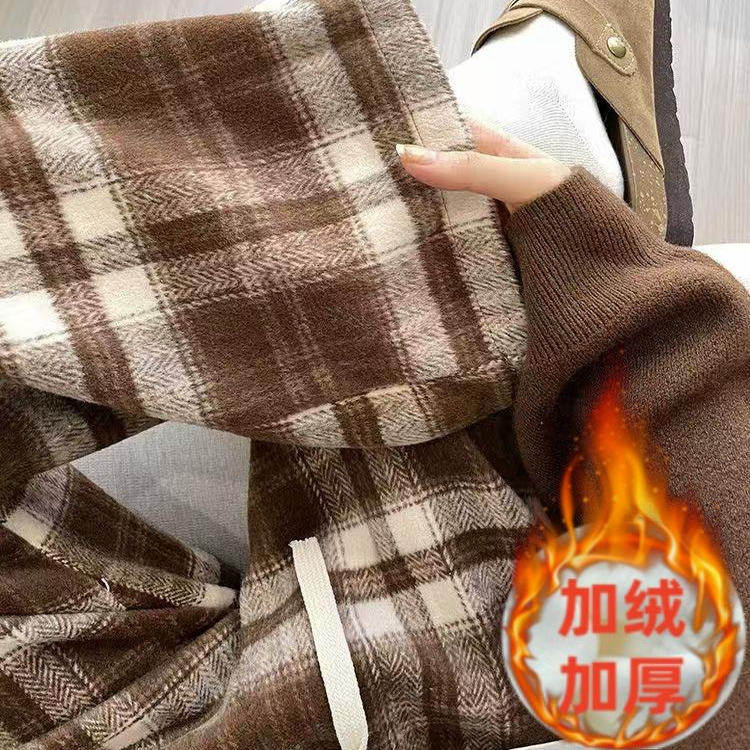 卡其色毛呢格子裤女秋冬加绒