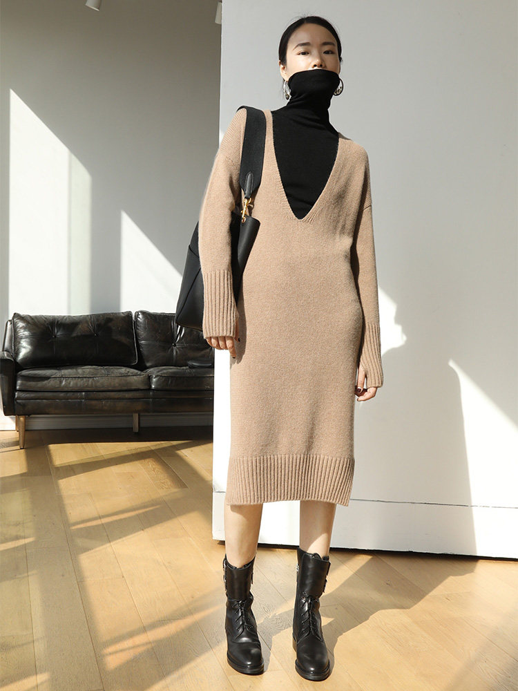 经典复刻  深V领羊绒羊毛针织连衣裙修身显瘦毛衣裙中长款打底裙