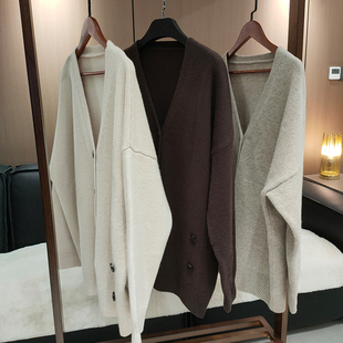 羊毛针织外套 女中长款 静奢风 宽松廓形慵懒风加厚V领羊绒毛衣开衫