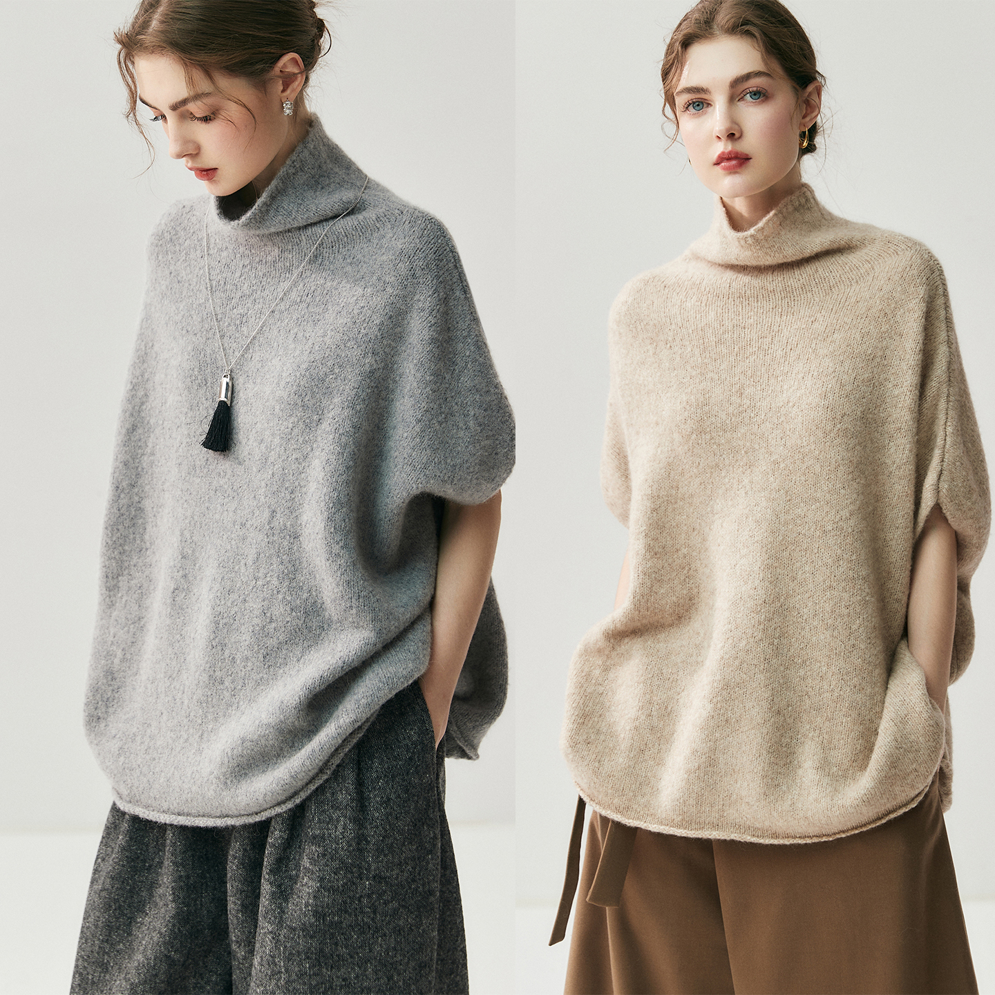 R0W风及简 羊驼毛羊绒混纺高领蝙蝠袖针织衫女宽松慵懒无袖毛衣秋