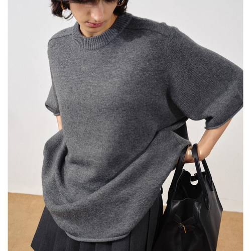 及简 ROW风时髦卷边宽松廓形短袖毛衣女中长款五分袖羊毛针织衫