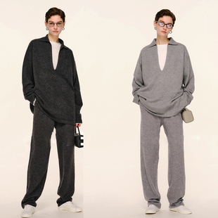 两件套装 柔软羊绒羊毛Row老钱风深V领宽松慵懒polo针织衫 休闲长裤