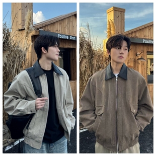 苏大恒秋冬韩版复古巴恩风翻领工装拼接皮cleanfit廓形松夹克外套