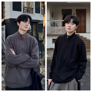 苏大恒韩版休闲极简风秋冬立领高领男女同款拉链毛衣开衫外套