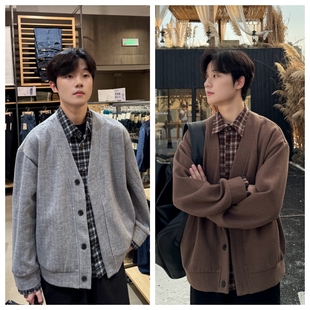苏大恒秋季韩系假两件人夫感拼接纯色衬衫开衫针织慵懒风毛衣外套