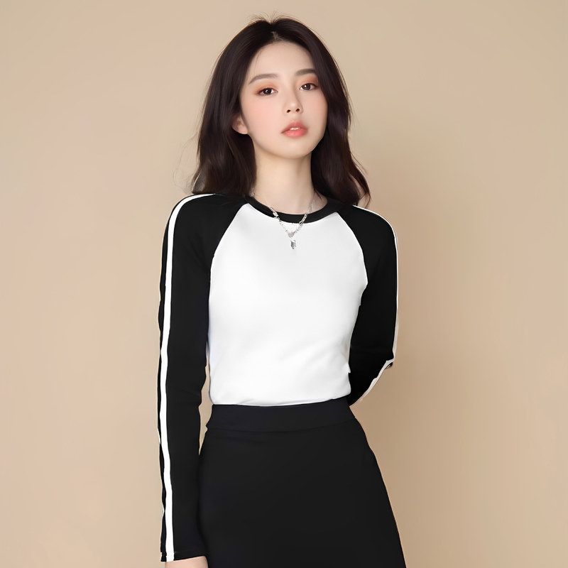 撞色复古插肩袖恤女短上衣莫代尔