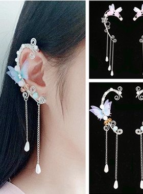 青丘狐系列耳饰古装cos写真耳夹蝴蝶薄纱流苏耳坠个性手工耳挂新