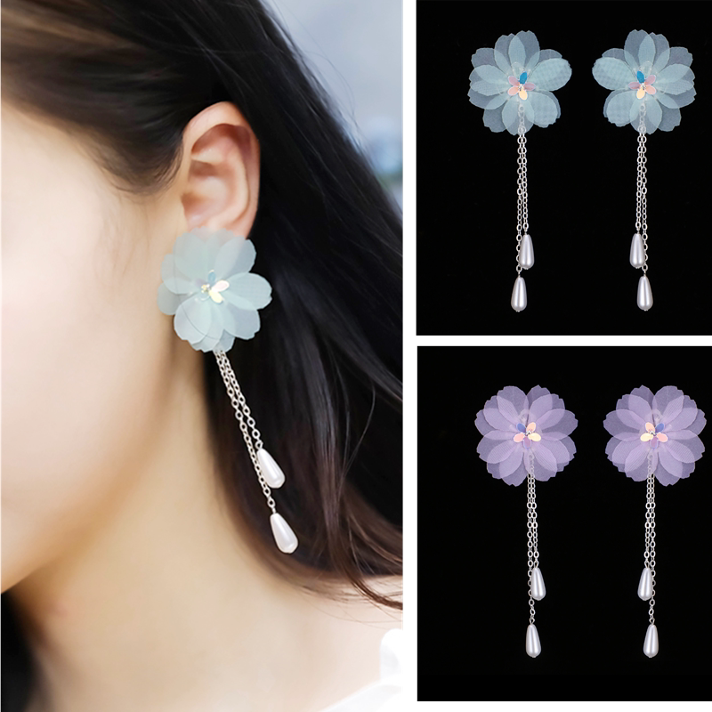轻古风耳环薄纱花朵耳钉流苏甜美风耳夹布艺耳饰原创设计珍珠耳坠