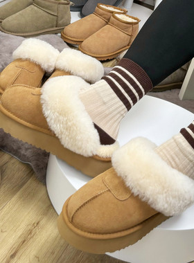 2024秋冬新款外穿包头拖保暖千颂伊同款毛毛拖鞋厚底牛皮磨砂拖鞋