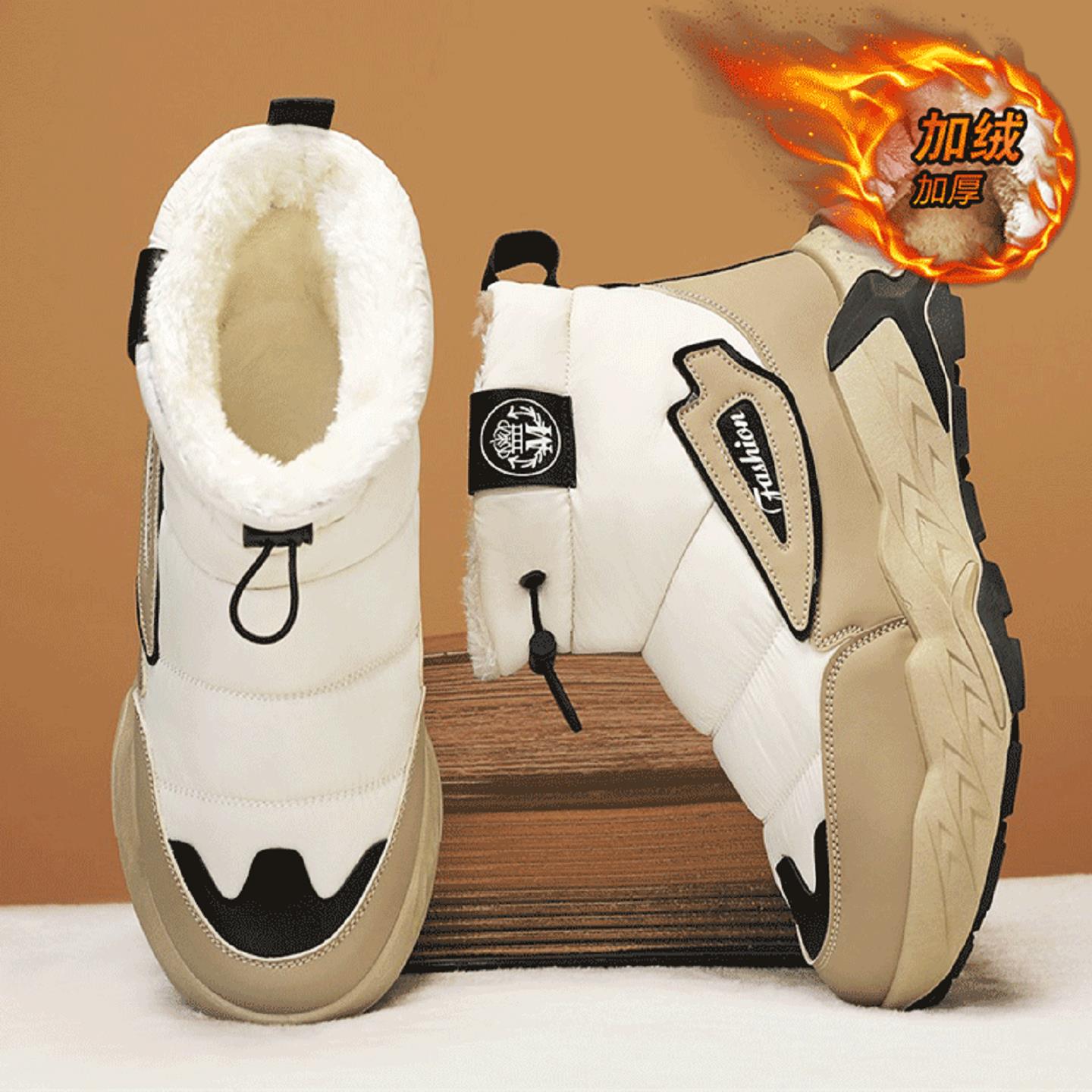 雪地靴男冬季加绒保暖一脚蹬棉鞋男士皮毛一体防水防滑中筒面包鞋