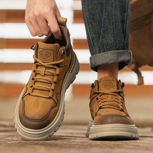 男鞋冬季工装皮鞋运动休闲真皮板鞋厚底增高英伦风复古棕色马丁靴