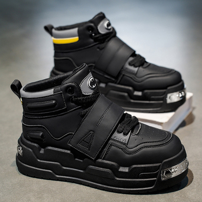 欧洲站男鞋冬季防滑百搭小众休闲高帮板鞋男士运动厚底黑色老爹鞋