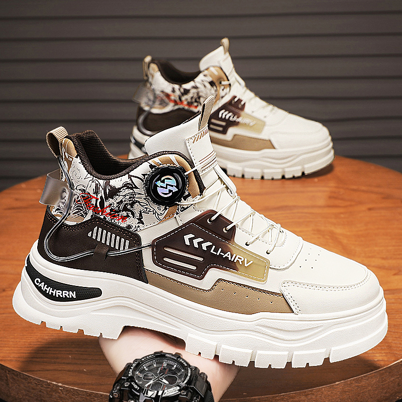 高帮男鞋秋冬青少年运动防水耐磨防滑厚底休闲工装旋转纽扣马丁靴