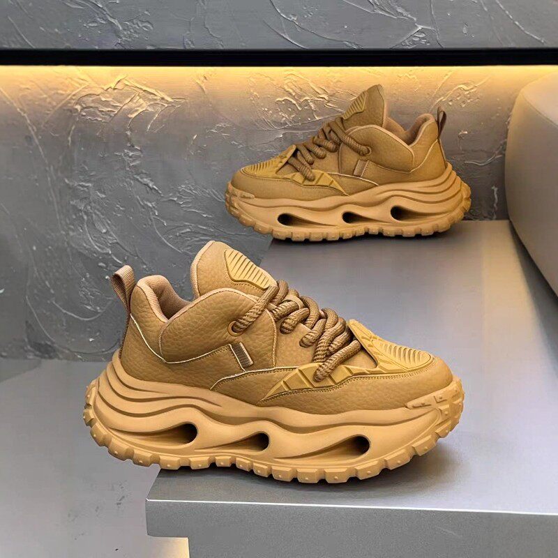 欧洲站男鞋春季厚底增高老爹鞋简约时尚青少年跑步皮面运动休闲鞋