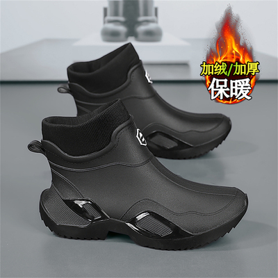 纯黑雨鞋男冬季加绒棉鞋厨房工作防水水鞋外卖骑手劳保雨靴厨师鞋