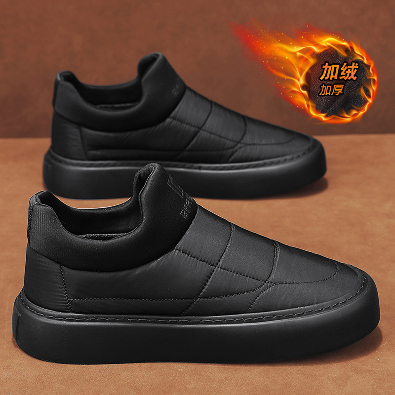男鞋冬季2025新款一脚蹬加绒保暖棉鞋黑色防水工作羽绒东北雪地靴