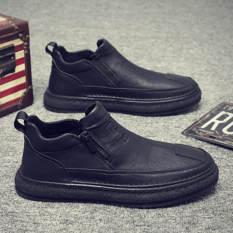 厨师鞋男冬季厨房工作防滑防水防油一脚蹬休闲皮鞋男士低帮马丁靴