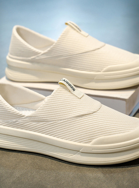 男鞋春季春季透气懒人一脚蹬百搭休闲男士轻便软底白色老北京布鞋