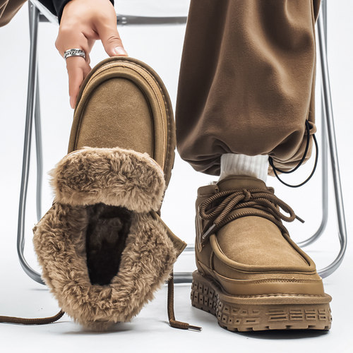 雪地靴男鞋冬季加绒加厚保暖青少年皮毛一体东北防滑厚底面包棉鞋