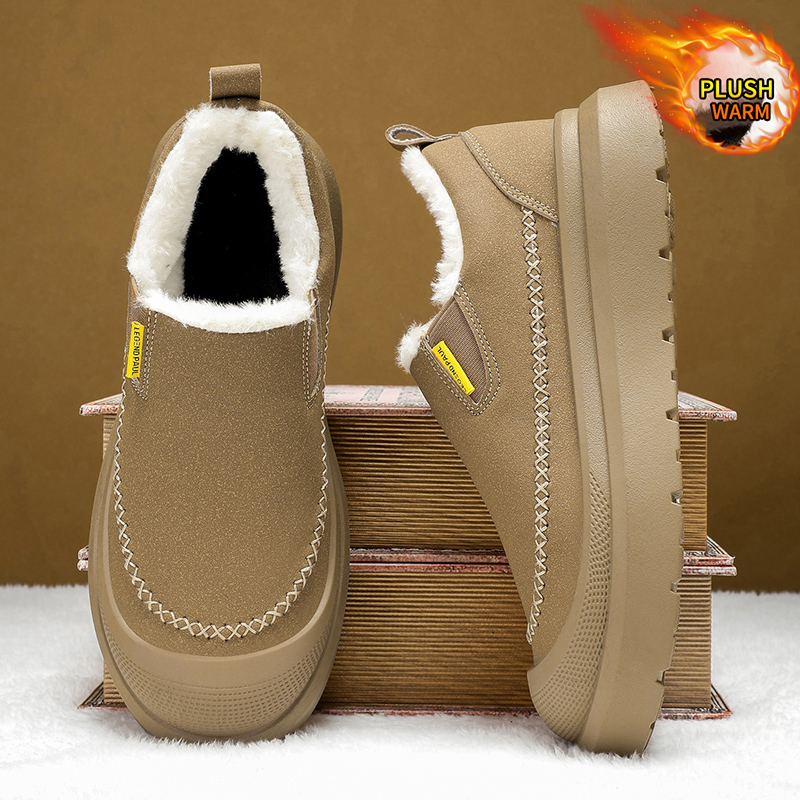 男鞋冬季皮毛一体一脚蹬轻便休闲棉鞋加绒保暖防滑防寒东北雪地靴