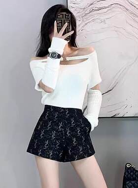 高腰阔腿提花打底外穿短裤女