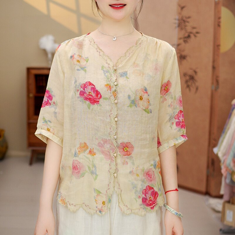 新款100%纯苎麻印花刺绣T恤正襟开衫V领麻料五分袖上衣女衬衫