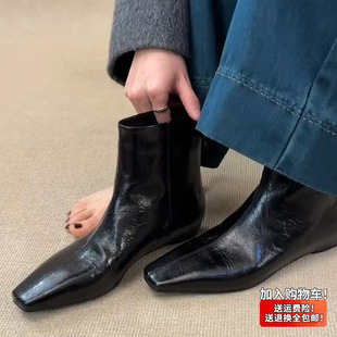 牛皮版！靴子女款2026超火极简气质风黑色方头后拉链百搭粗跟短靴
