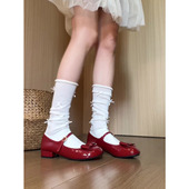 女蝴蝶结一字扣可爱百搭鞋 Miaolv College甜美风红色漆皮玛丽珍鞋