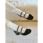 水钻双扣带玛丽珍鞋 Miaolv College法式 女黑色漆皮粗高跟气质通勤