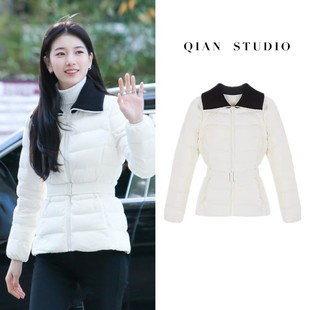裴秀智同款白色收腰羽绒服韩系修身显瘦短款小香风白鸭绒外套女