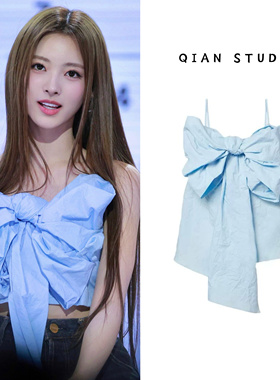 anna田中杏奈同款蓝色蝴蝶结吊带韩系简约设计感辣妹背心吊带上衣