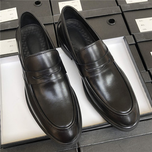 高档皮鞋男套脚真皮透气英伦风乐福鞋商务正装尖头一脚蹬男士皮鞋