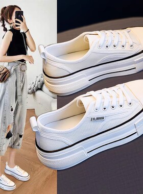 厚底白色女鞋2025新白色超级流行帆布鞋与裙子春季女鞋休闲运动鞋