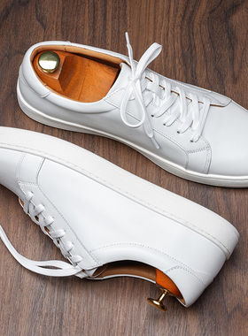 手工头层牛皮小白鞋男士真皮板鞋夏季百搭商务休闲西装白色皮鞋男