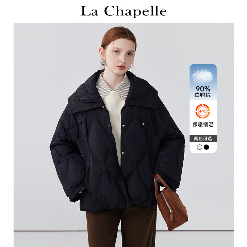拉夏贝尔/La Chapelle翻领菱格白鸭绒羽绒服女韩版短款外套冬季