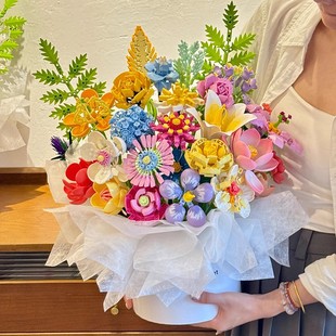 玫瑰花束积木抱抱桶适用乐高diy手工拼装玩具送女友女生系列礼物