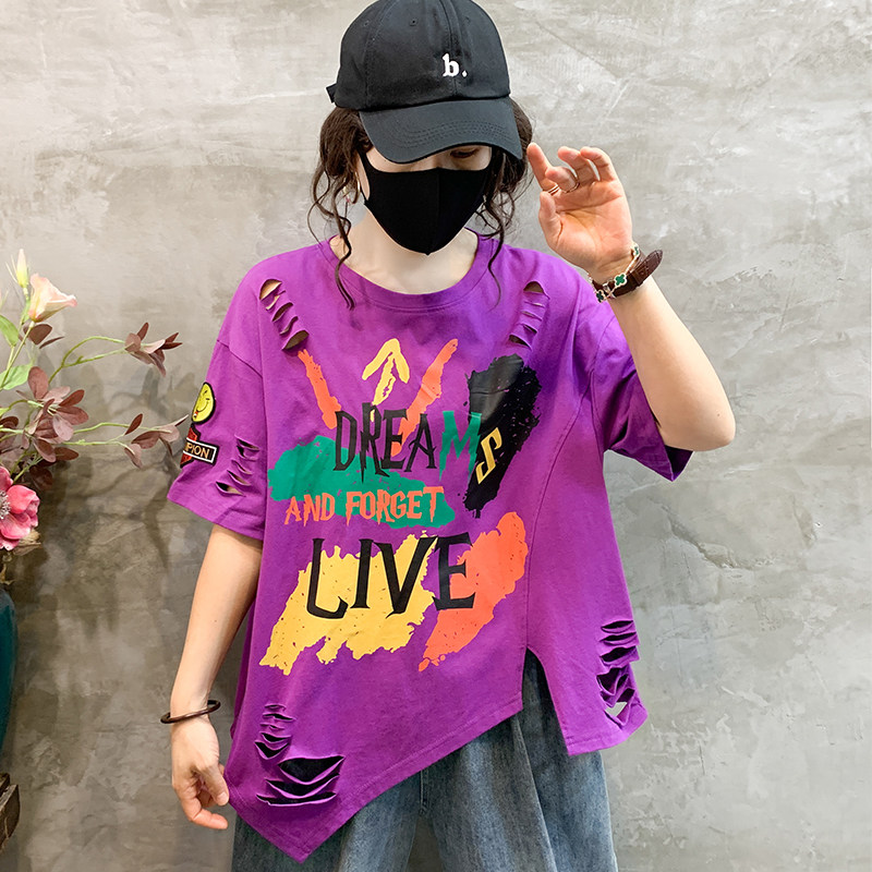 涂鸦字母T恤女短袖创意下摆不规则破洞纯棉薄款外穿跳舞上衣夏潮T