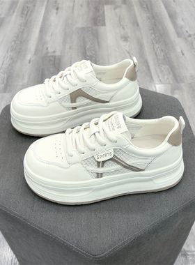 冰洁2026春季新款女鞋真皮网面透气系带厚底轻便休闲板鞋1108-23