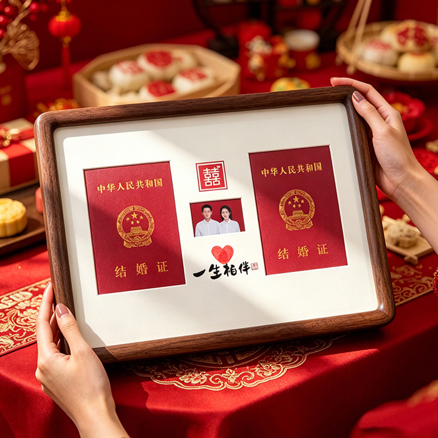 结婚证相框结婚登记照摆台创意实木玻璃订婚礼物纪念摆件收纳框架