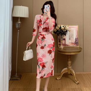 轻奢减龄网纱裹身连衣裙 收腰显瘦法式 新款 粉色玫瑰女人味气质修身