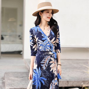 Rouje dvf js法式一片式裹身裙夏气质印花蓝色海边度假女连衣裙