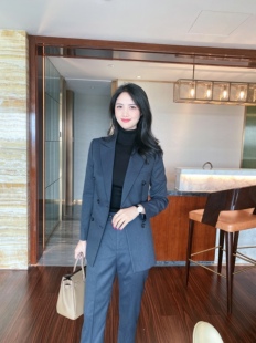 女九分裤 新款 套装 西装 灰蓝色双排扣主持职业气质修身