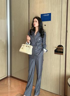 新款灰色细格白条里布拼接修身时尚职业套装直筒裤高级工装