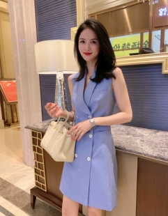 新款 连衣裙女 马甲无袖 2021夏季 蓝色双排扣青果领中长款 西装